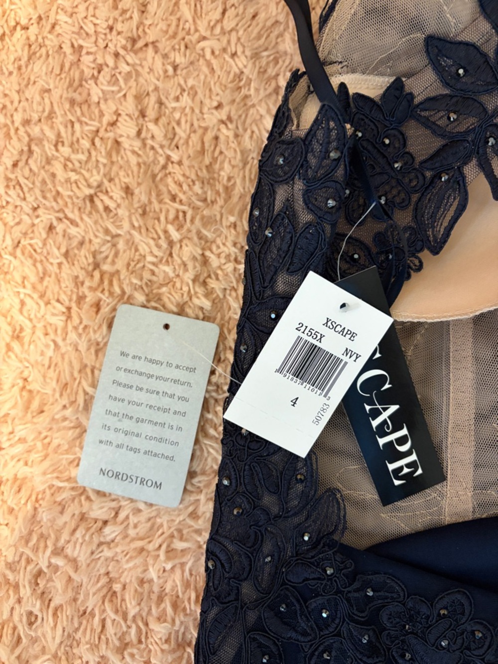 XSCAPE navy halter open back full length lace appliqué beaded prom evening gown - Picture 11 of 17